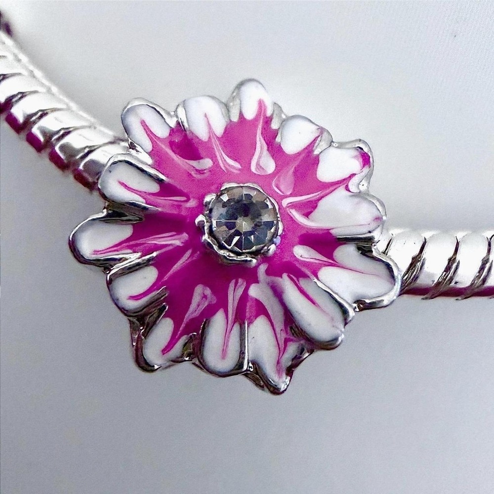 Pandora-like Pink White Flower Silver Bead Charm Snake Chain Bracelet